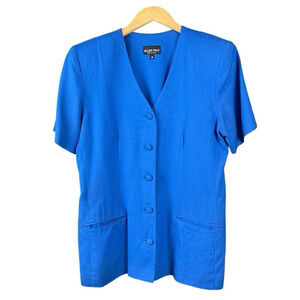 Ellen Figg Blue Linen Blazer Size 10 Short Sleeve Shoulder Pads 90s Vintage